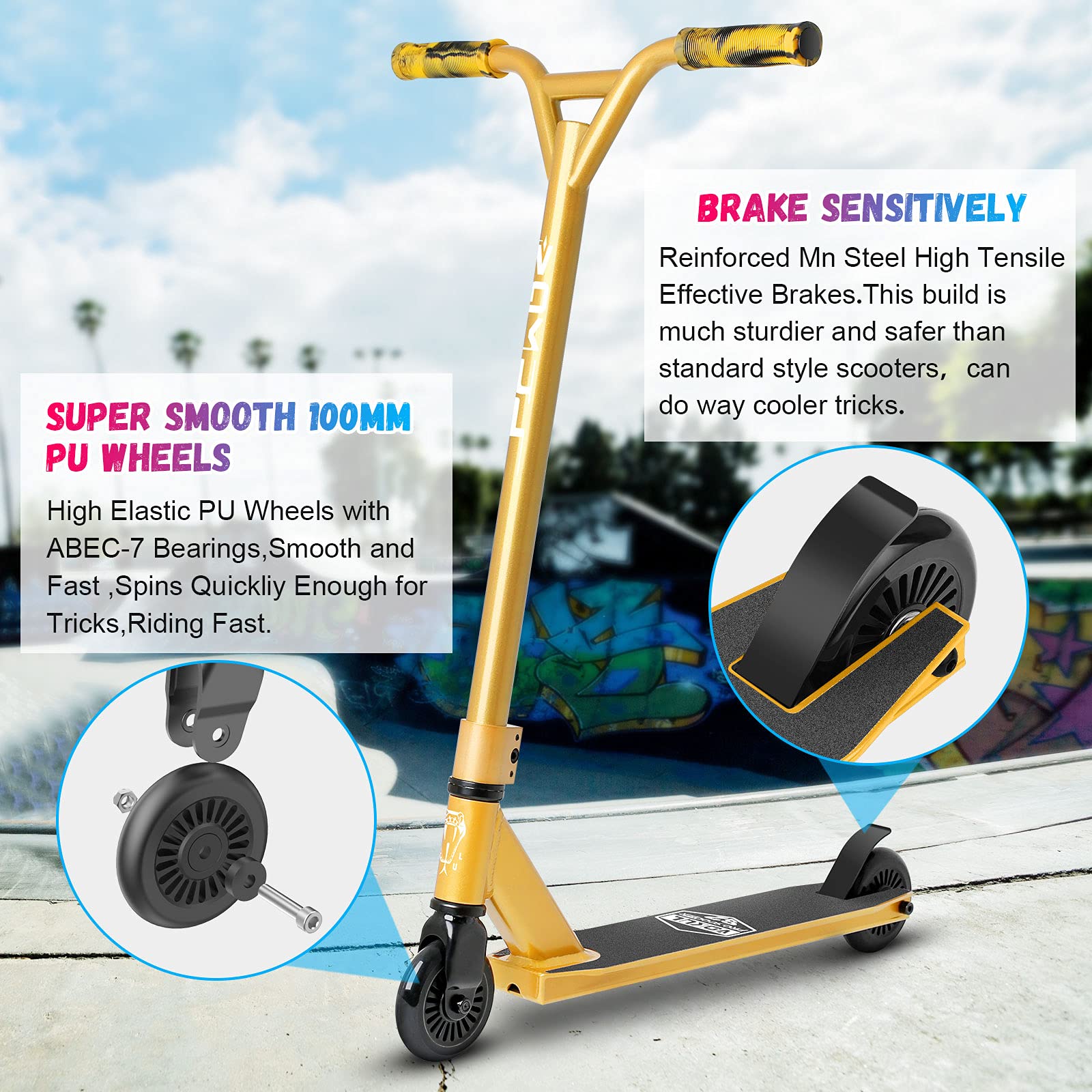 VOKUL Complete Pro Scooter for Kids Boys Girls Teens Up 6 Years - Freestyle Tricks Pro Stunt Scooter - High Performance Gift for Skatepark Street Tricks