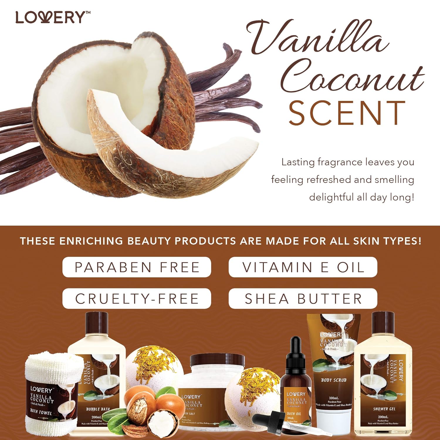Bath and Body Gift Basket For Women and Men – 9 Piece Set of Vanilla Coconut Home Spa Set, Includes Fragrant Lotions, Extra Large Bath Bombs, Coconut Oil, Luxurious Bath Towel & More : Beauty