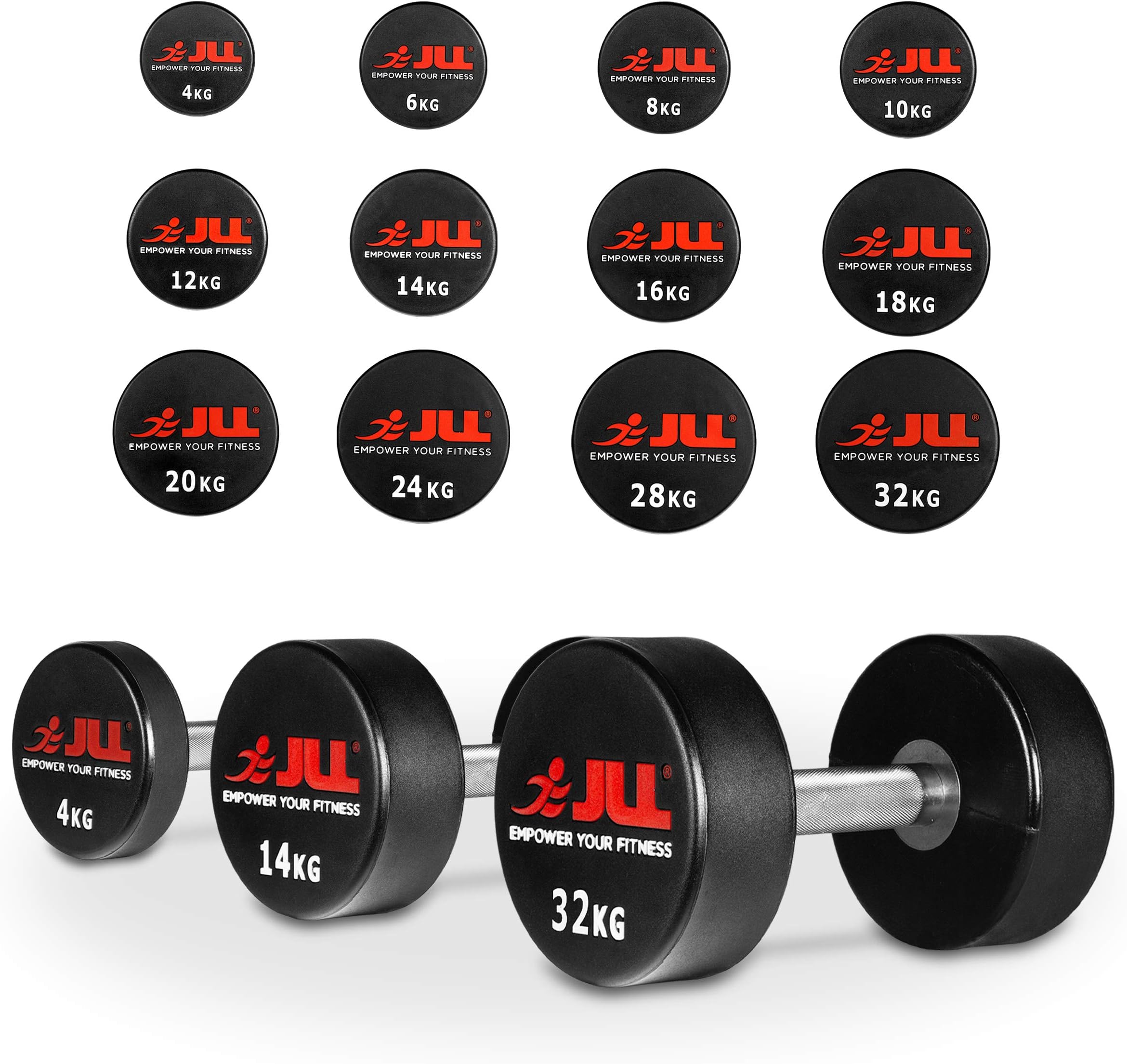 JLL PU Dumbbells 4kg-32kg, Sold in Pairs, Fixed Weight, Round Dumbbell, Rubber, Weight Lifting, Fitness, Gym, Unisex Weights