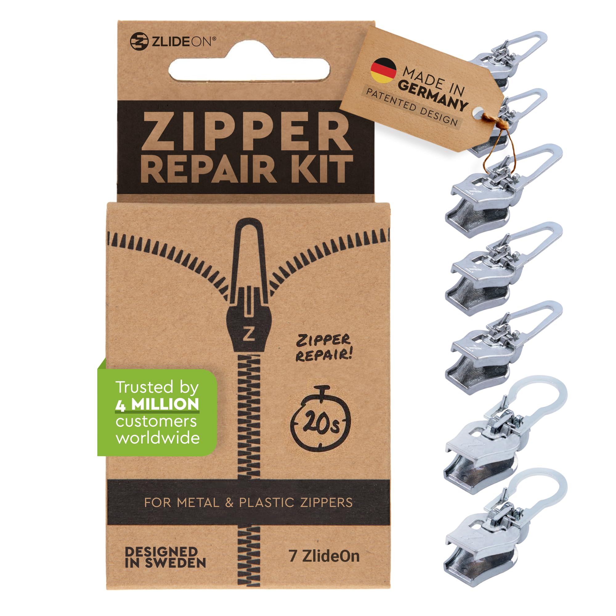 Zlideon Universal Zipper Repair Kit for Plastic & Metal Zippers Multipack - 7pcs, Silver | Instant Zipper Pull Replacement Slider for Denim, Jacket, Winter Coat | Easy to Install | Made in Germany