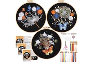 FONNUY 3 Set Crewel Embroidery Kit for Beginners, Fireworks Blooming Pre-Stamped Pattern Kits for Adults with Hoop, Easy to Follow Needlework, 8''