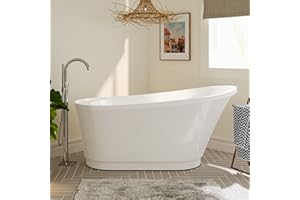 FerdY Langkawi 59" Acrylic Freestanding Bathtub, White Modern Stand Alone Soaking Bathtub, cUPC Certified, Brushed Nickel Drain and Minimalist Linear Design Overflow Included, Easy to Install, 02568T