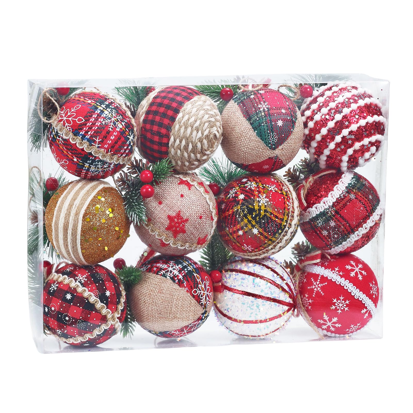 Photo 1 of  Burlap Christmas Ball Ornaments, 3.2 Inches Rustic Buffalo Plaid Christmas Tree Ornaments, Natural Jute Farmhouse Decorations for Xmas Tree Holiday Party Wedding Home Hanging Decor (Red)