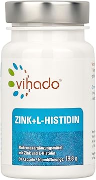 Vihado Zink Tabletten hochdosiert, L-Histidin Komplex, Stoffwechsel + Immunsystem + Fruchtbarkeit + Haut + Haare, 60 Kapseln,