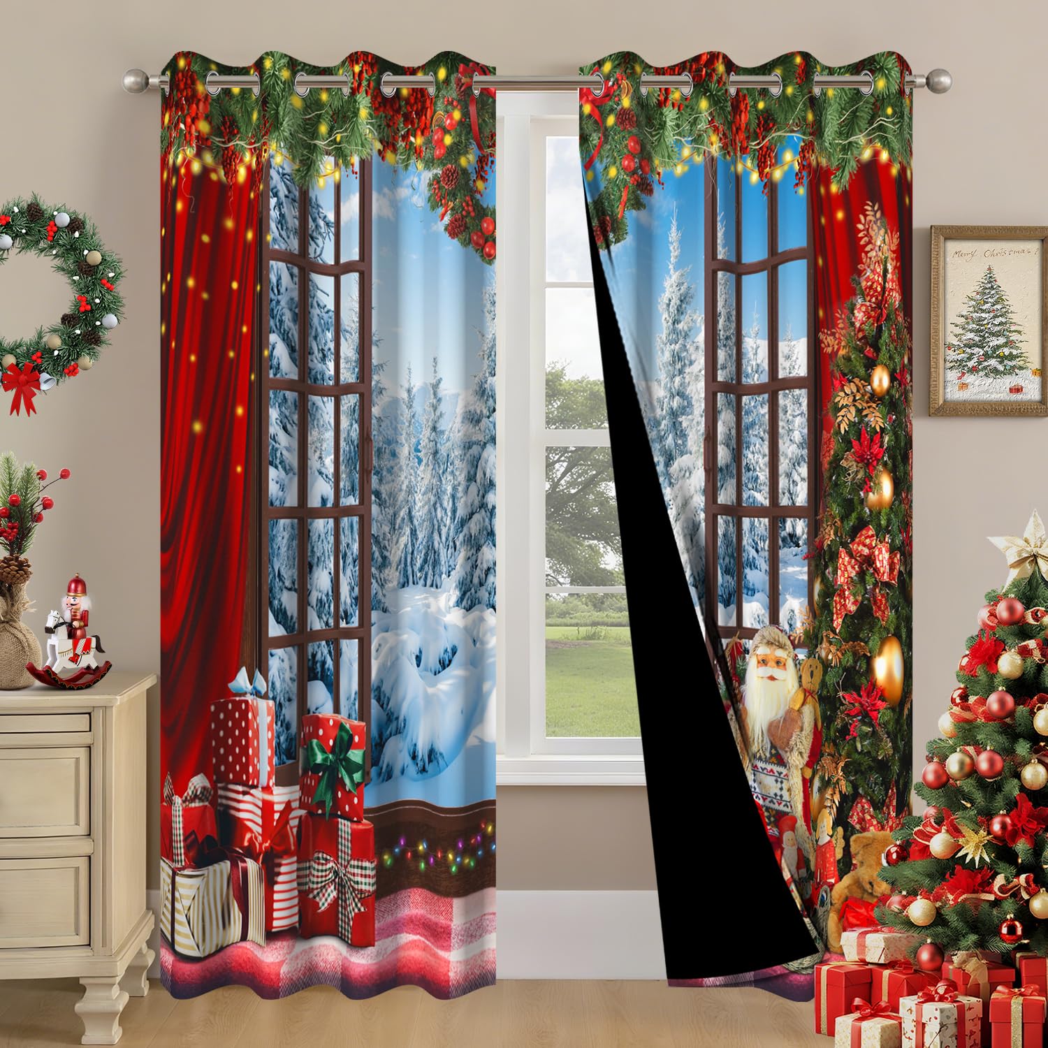 Photo 1 of DASHAN Christmas Blackout Curtains for Bedroom Living Room 84 inch Length 2 Panels Set, Winter Snow Room Darkening Curtains Xmas Trees Thermal Insulated Curtains Window Drapes 52Wx84L