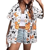 Womens Halloween Hawaiian Shirt Cute Pumpkin Spooky Castle Graphic Tee Magical Halloween Short Sleeve Button Up Tops