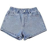 BEAUDRM Girl's Rhinestone Denim Shorts Elastic High Waist Y2k Jean Shorts with Pocket