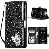 UEEBAI Wallet Case for iPhone 17 Pro Max, Glitter PU Leather Phone Cover Card Slots Kickstand Wallet Magnetic Closure Bling Flip Case Shockproof Hand Strap Flip Cover - Black