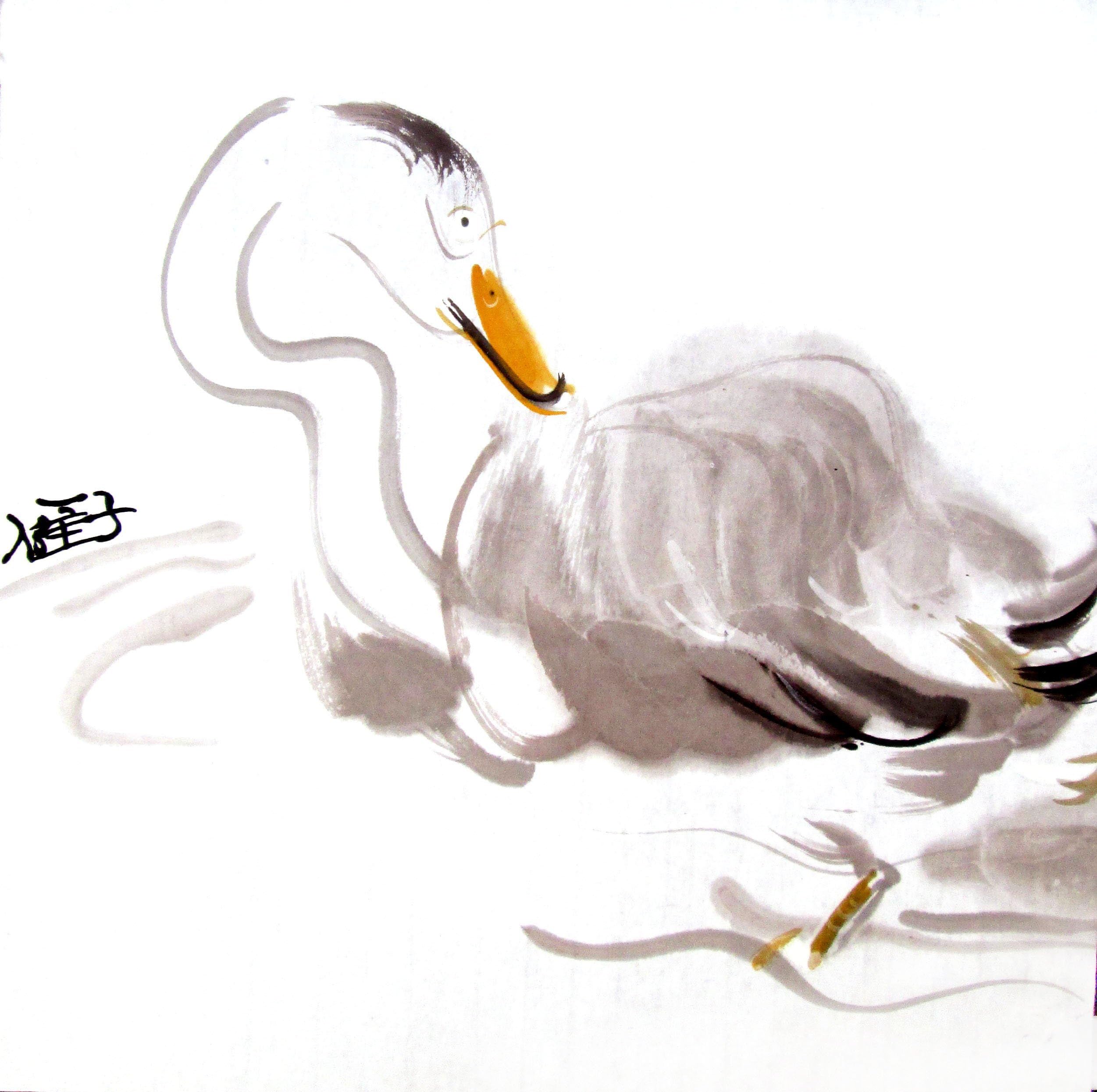 Original swan ink painting Chinese ink painting Swan watercolour painting Asian swan brush painting Swan ink art Swan drawing Swan painting Size 15x15inch