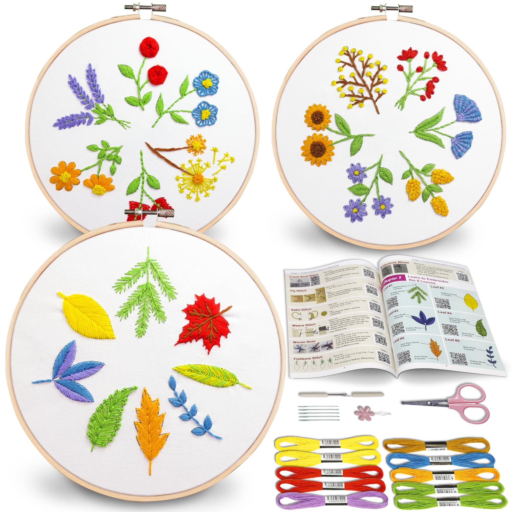 Bradove Bradove 3 Sets Leaves and Flowers Embroidery Kit for Beginners, Beginner Embroidery Kit for Adults, Learn to Embroider Kit Adult Beginner, Stitches Kit