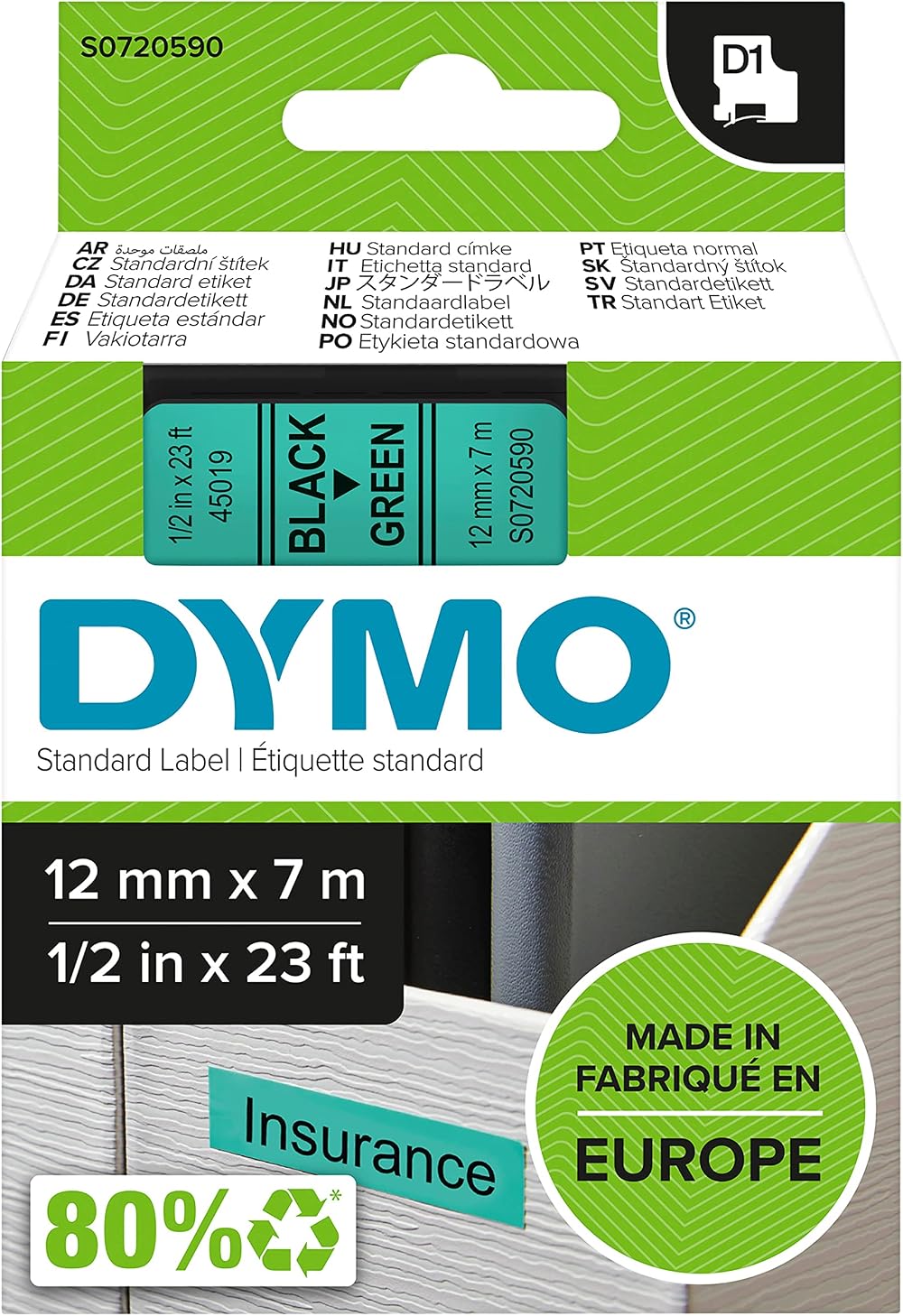 Dymo Authentic D1 Labels Black on Green Tape 12 mm x 7 m for LabelManager