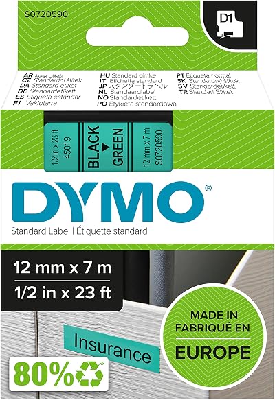 Dymo Authentic D1 Labels Black on Green Tape 12 mm x 7 m for LabelManager