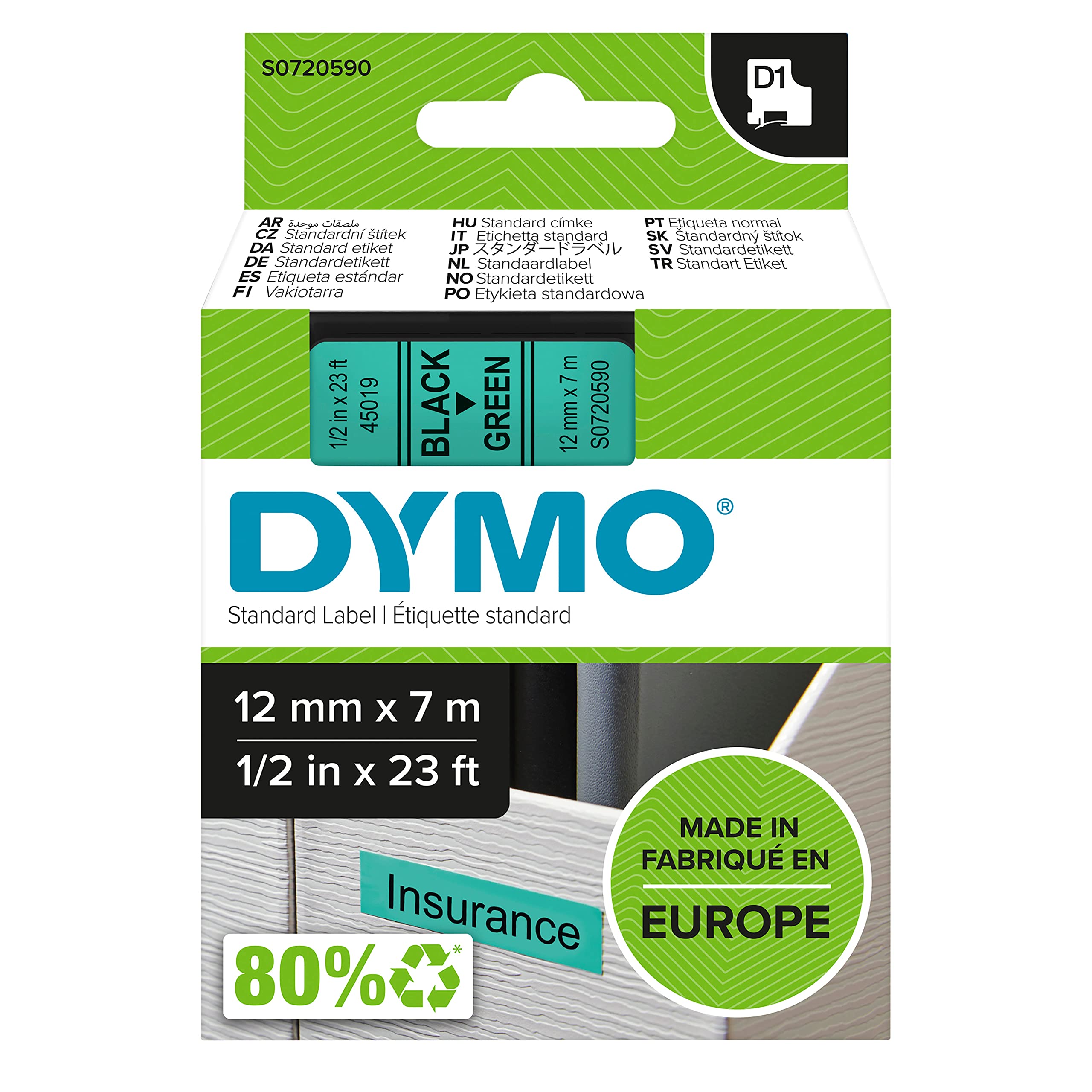DYMO Authentic D1 Labels | Black Print on Green Tape | 12 mm x 7 m | Self-Adhesive Labels for LabelManager Label Makers | Made in Europe — image 1