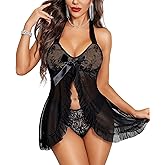 RSLOVE Lingerie for Women Lace Babydoll - Sexy Lingerie Open Front Sleepwear Halter Nightwear Ruffle Trim Chemise