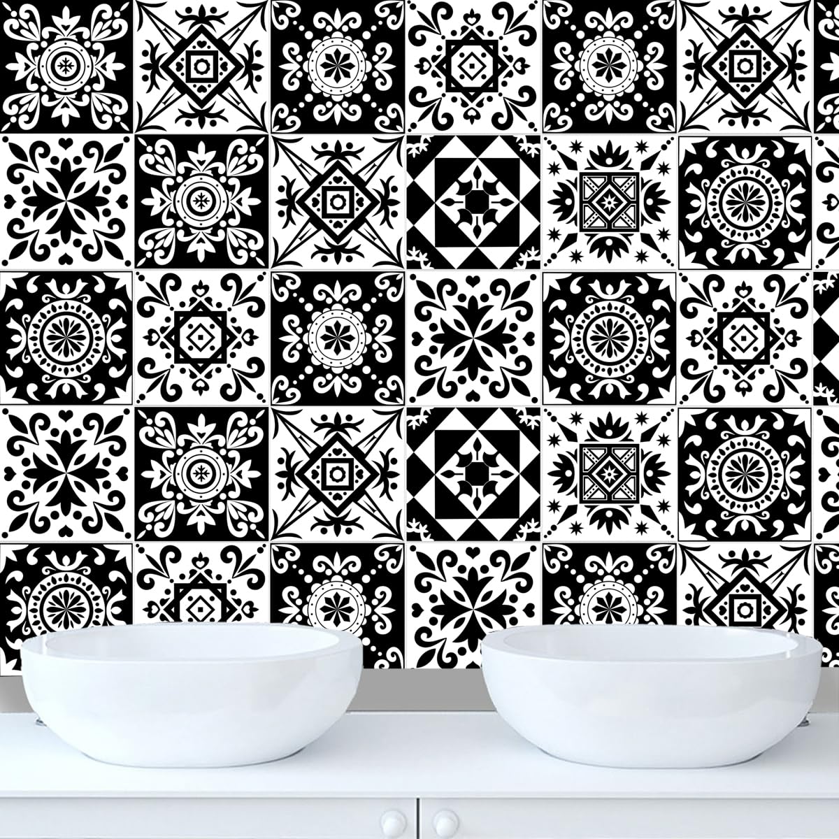 24pcs Moroccan Tile Stickers 15x15cm Bathroom Black and white Tile Stickers For Kitchen Bathroom Living Room Fireplace Stairs Home Waterproof Stickers For Tile Peel And Stick Tile Decals 6"x6"