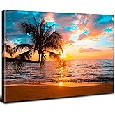 Sunset Beach Wall Art Tropical Palm Tree Wall Decor Coastal Landscape Pictures Ocean Landscape Canvas Painting Nature Seascape Poster Prints Artwork for Living Room Bathroom Home Decorations 12x16”