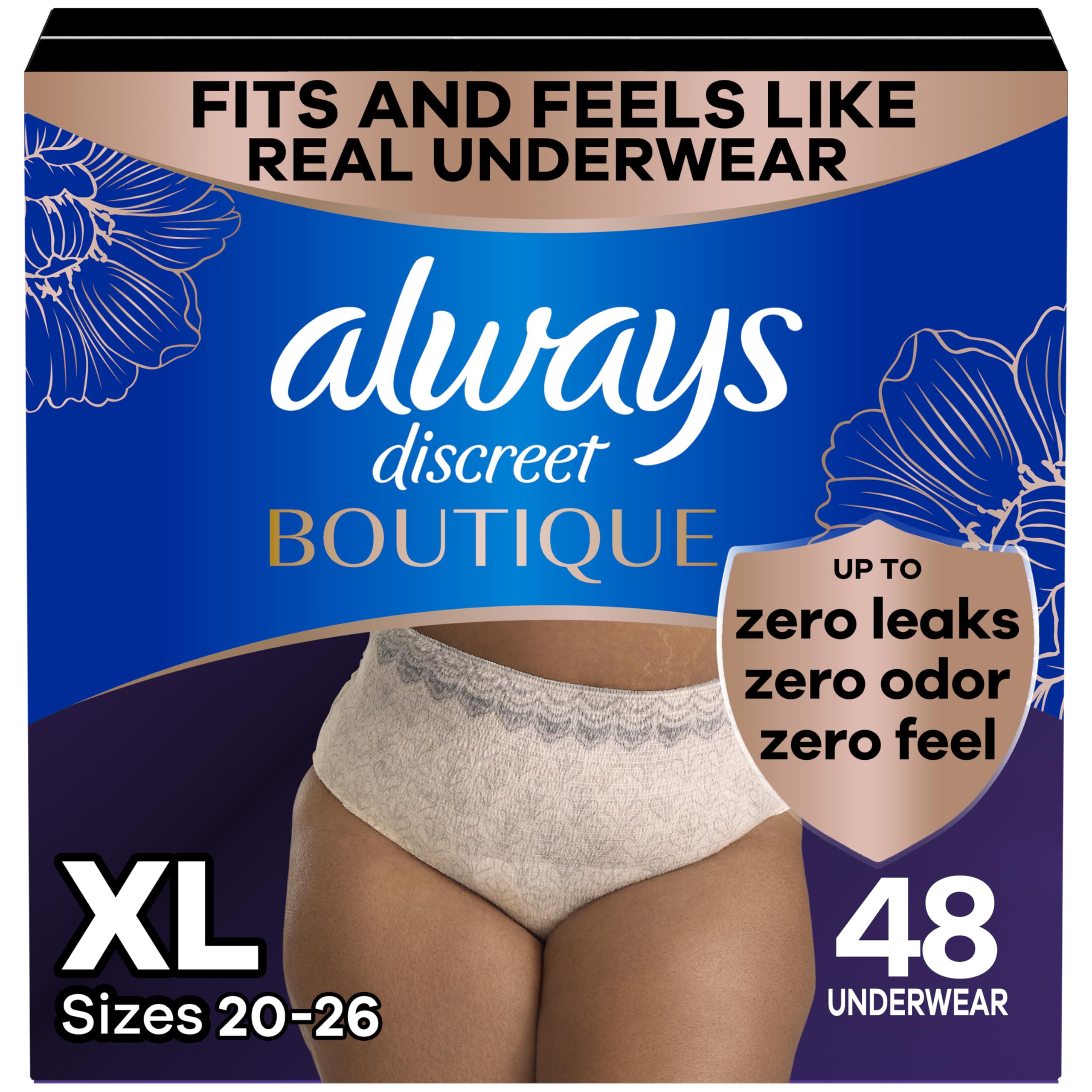 Always Discreet Boutique Incontinence and Postpartum Underwear for Women, Maximum Protection, Extra Large, Rosy, 48 Count (3 Packs of 16) Image