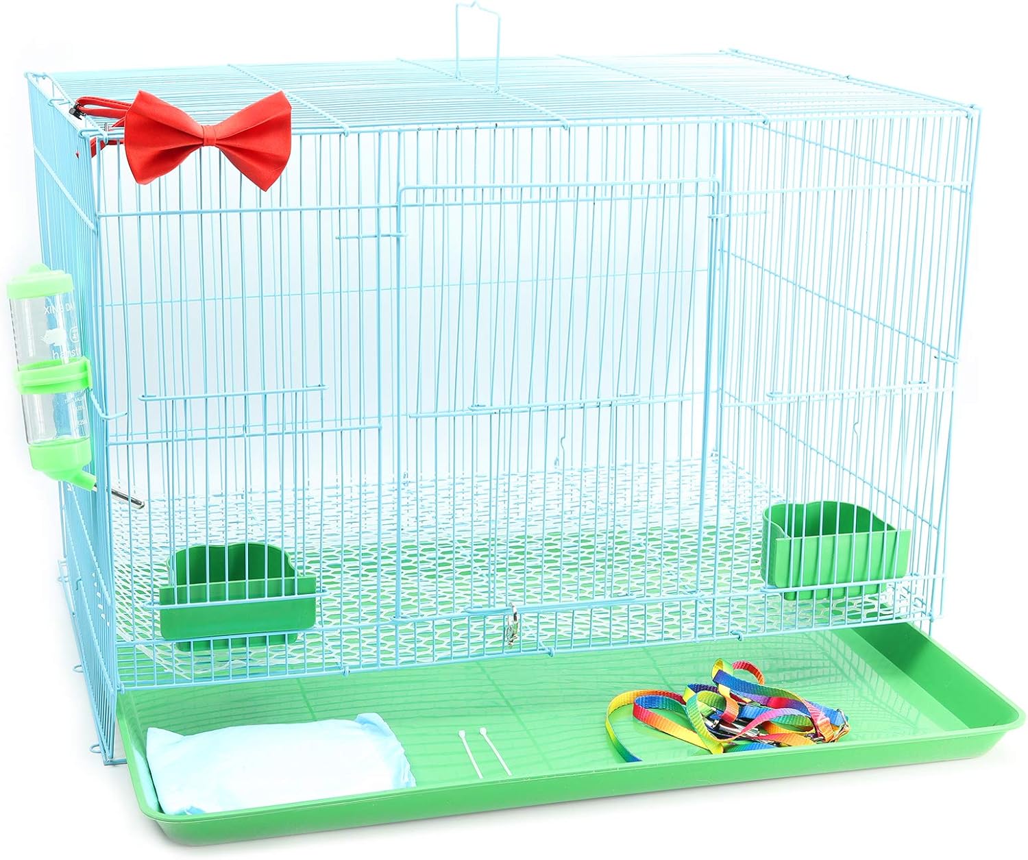 GNB PET Large Rabbit Cage Guinea Pig Cage Chinchilla Cage 23.6L x 16.5W x 15.4H Inches, Folding Pet Cage Deluxe Habitat with Free Water Bottle, Food Bowls, Rabbit Leash, Carabiner Clips, Foot pad