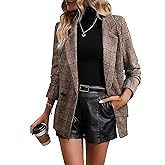 Happy Sailed Women’s Plaid Blazer Classic Lapel Collar Double Breasted Open Front Blazers Jackets Work Suit with Pockets