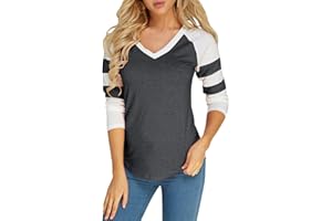 Foshow Womens Long Sleeve Raglan Baseball Tee Jersey Striped V Neck Blouses Tshirts