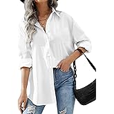HOTOUCH Women Oversized Button Down Shirts Office Drop Shoulder Blouse Long Sleeve Boyfriend Dress Shirt with Pockets