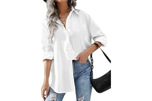 HOTOUCH Women Oversized Button Down Shirts Office Drop Shoulder Blouse Long Sleeve Boyfriend Dress Shirt with Pockets
