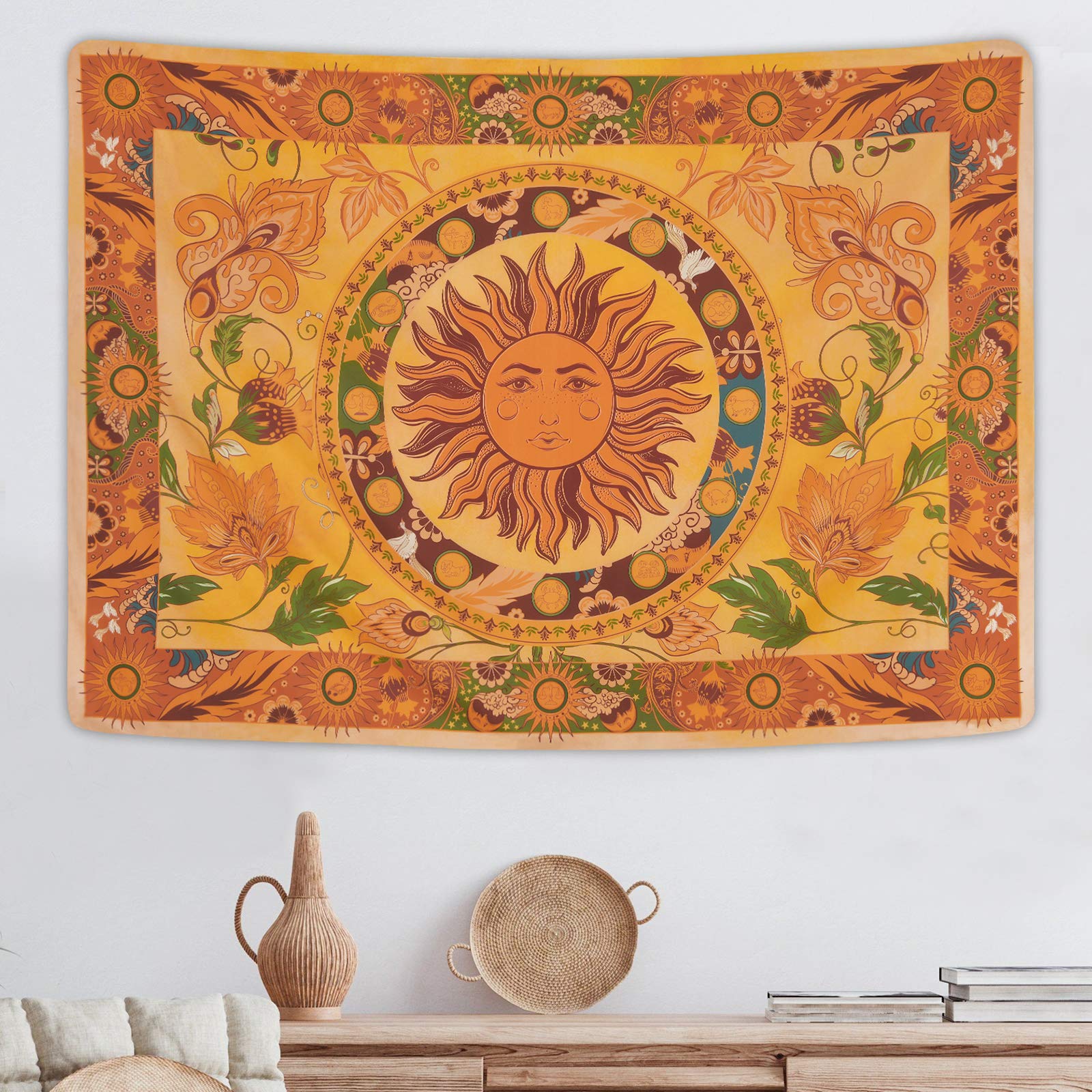 Yugarlibi Yellow Burning Sun Tapestry, Orange Spring Flowers Wall Hanging Tapestry for Bedroom Aesthetic, Vintage Summer Flowers Vines Wall Art for Living Room, 82.7x59.1 Inches (210x150cm)