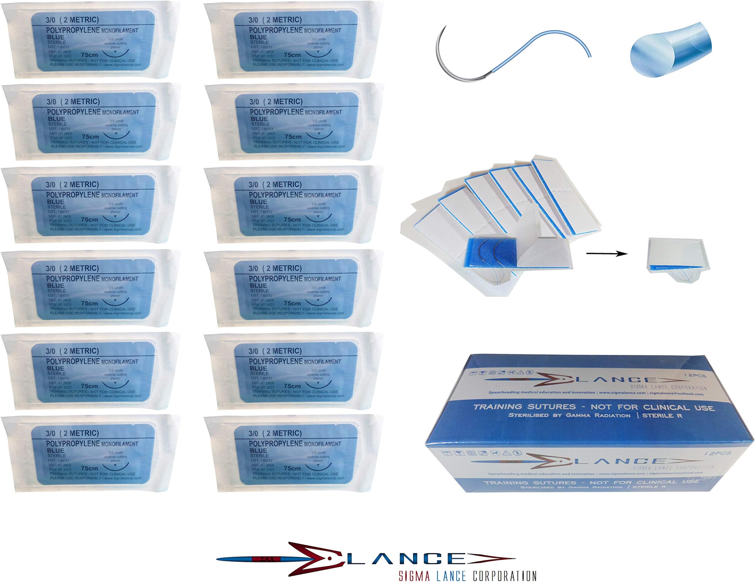 Sigma Lance's Sterile Suture Packs for Educational and Training Purposes - 6 Sharps Pads included - Polypropylene - Highest quality (3.0 Polypropylene)