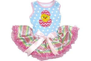 Petitebella Chick Egg Puppy Dog Dress (Blue Dots/Chevron Lace, Small)