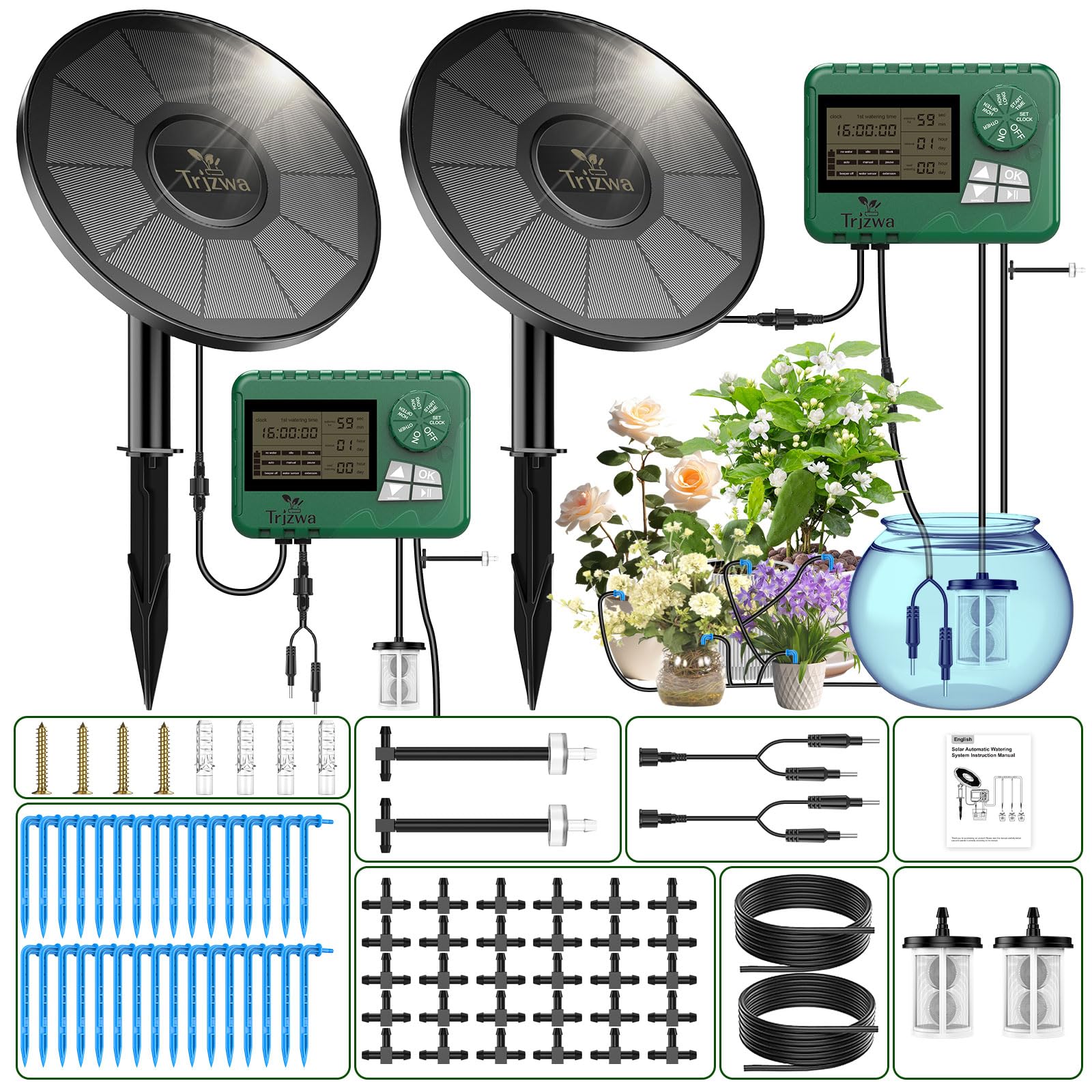 TRJZWA 2-Pack Solar Irrigation System Kit with Early Warning Function,DIY Solar Automatic Drip Irrigation Kits,Automatic Watering System with 30 Drippers for Balcony/Garden/Courtyard/Greenhouse