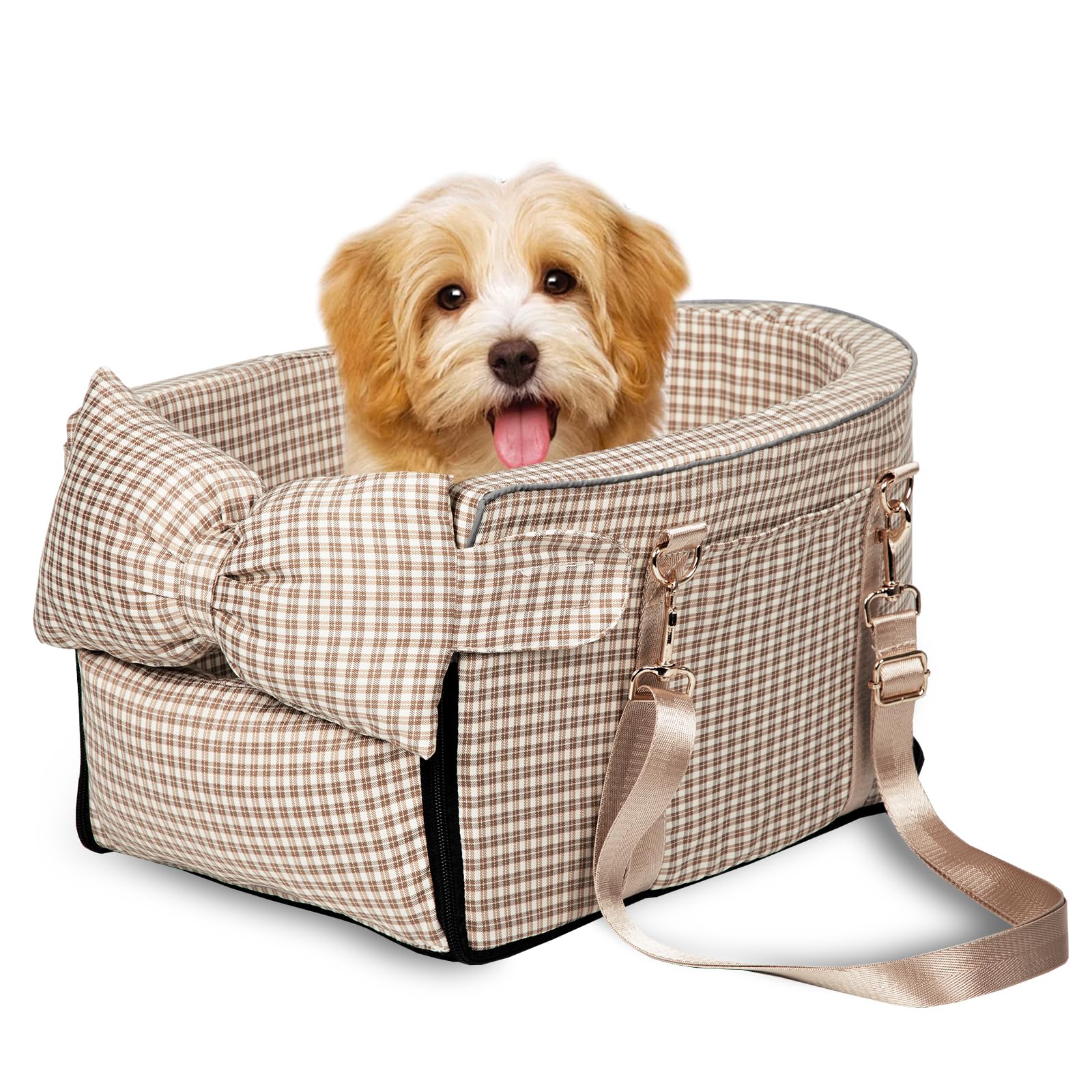 Photo 1 of Prpeko Dog Car Seat for Small Dogs,Center Console Seat for Puppy,Anti-Collapse Pet Car Seat with Soft Cushion Safety Belt, Portable Car Armrest Seat for Dog & Cat Under 15 lbs (Grid-Brown)