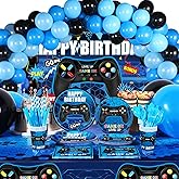 Tatuo 152 Pieces Video Game Birthday Party Supplies Gamer Party Table Cover Happy Birthday Backdrop Banner Tableware Balloons Sets for Boys Men Theme Party Decoration