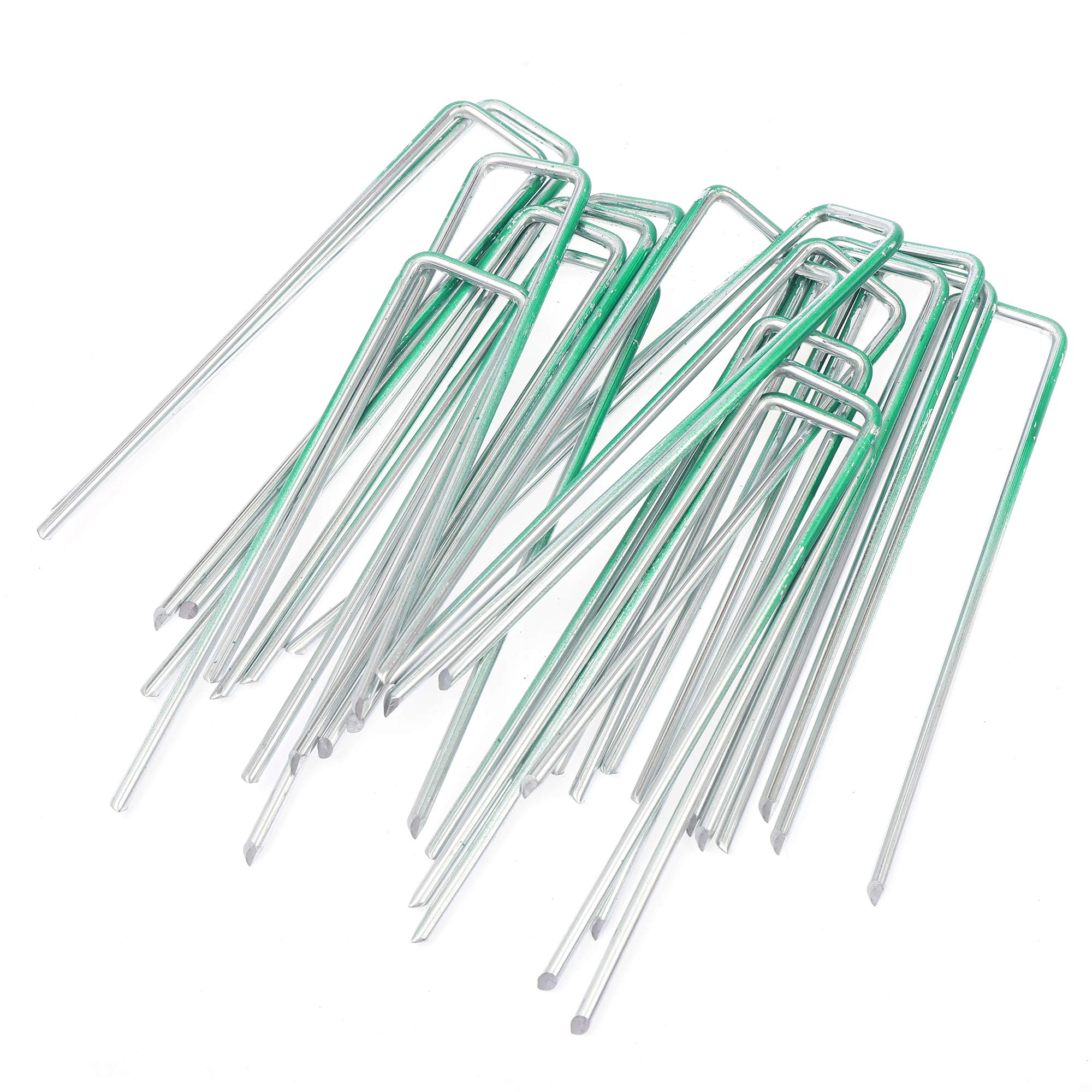 LINZI U-Shaped Garden Pegs, Pack of 100 Half-Green Galvanised Steel Artificial Grass Pins for Securing Weed Fabric Membrane, Netting Fence Camping Nails - Anti-Rust Landscape Staples