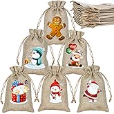 ARTLYMERS 24 Pack Christmas Jute Burlap Bags, Christmas Drawstring Gift Bags for Xmas Presents Holiday Party Favor Treats Candy, 6 Designs