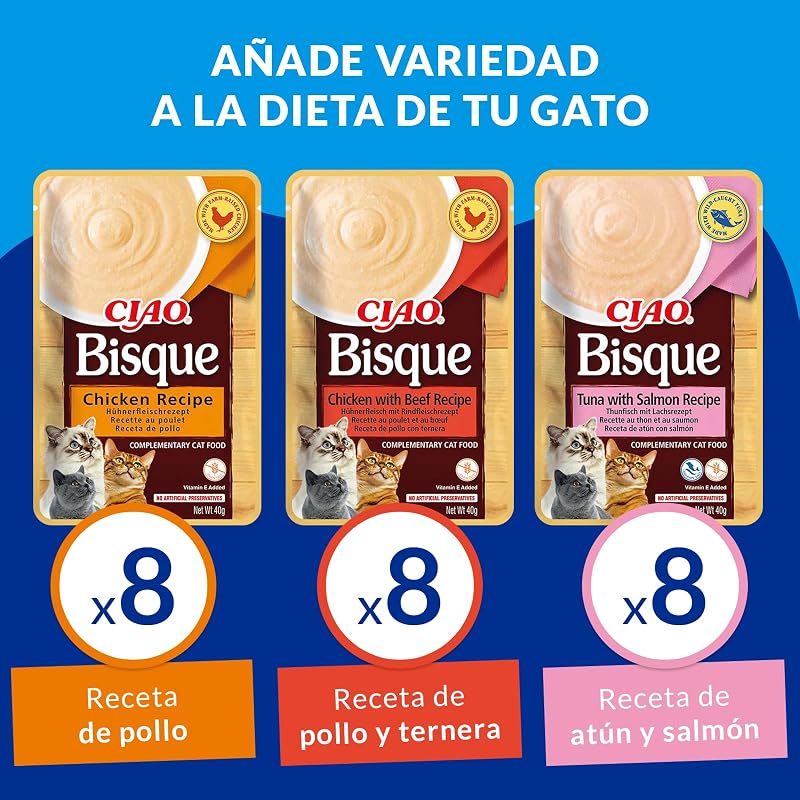 Ciao Bisque, Multipack Pollo, Ternera, Atún y Salmón, 960g (24 x 40g)