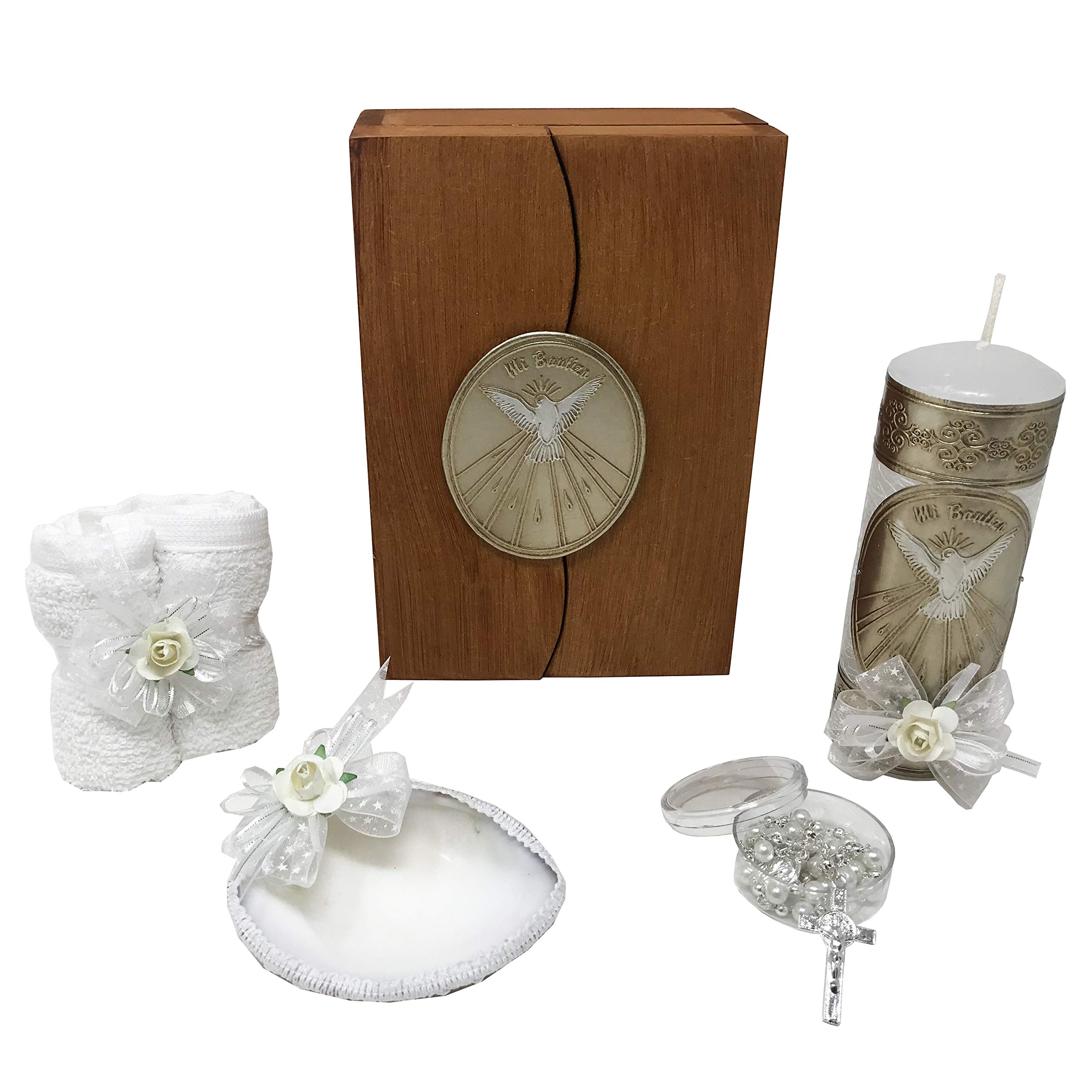Photo 1 of Arcangeles Mexicanos Catholic Baptism Candle Set in a Wooden Box with Towel, Candle, Rosary and Shell for Baby Boys and Girls. Handmade in Mexico
