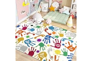 Capslpad Kids Rug for Playroom 3'3" x 5'2" Non-Slip Colorful Handprints Footprints Kids Play Mat Washable Soft Nursery Rug Children Carpet for Boys Girls Room Kids Room Bedroom Nursery Room Decor