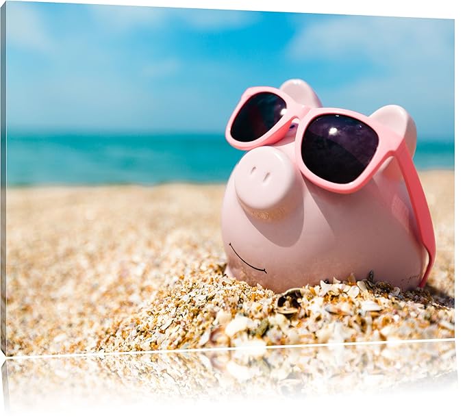 Schweinchen am Strand Format: 120x80 cm auf Leinwand, XXL riesige Bilder fertig gerahmt mit Keilrahmen, Kunstdruck auf Wandbi