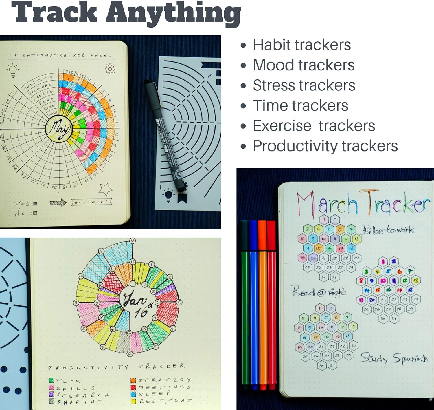 Ultimate Productivity Journal Stencil Set - Custom-Designed Supplies for Bullet Dotted Journal Planners, DIY Templates to Create Calendars, Lists, Letters, Numbers, Habit Trackers by Sunny Streak: Kitchen & Dining