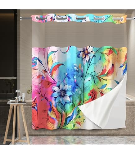 Uhexoyo Boho Shower Curtain – No Hooks Needed, Waterproof Floral Print With See-Through Top Window, 71x74 Inches