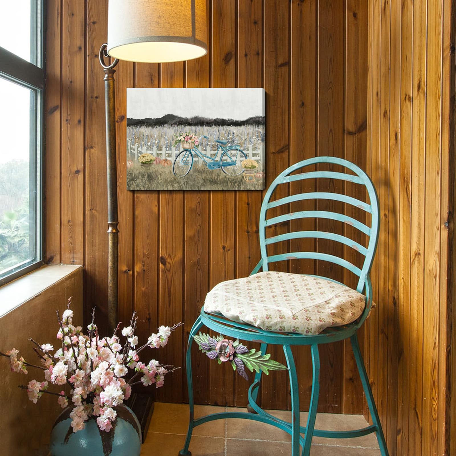 Farmhouse Decor Bathroom Fall Wall Art Vintage Boho Landscape Nature Canvas Picture Mountains, Bicycle Lavender Flowers Floral Neutral Small Artwork for Modern Organnic Country Rustic Cottagecore Bedroom