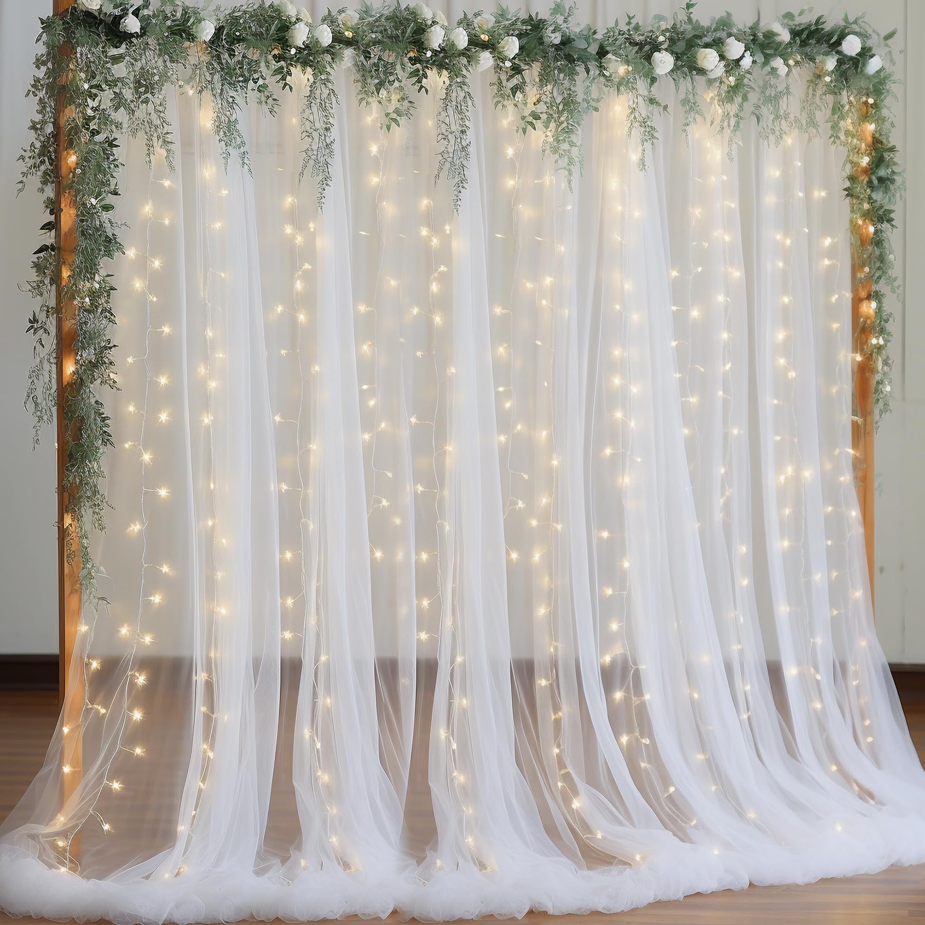 Photo 1 of PARTISKY 10x8ft White Tulle Backdrop Curtain with Lights String for Parites, Sheer Backdrop Curtains for Wedding Baby Shower Birthday Party Photo Shoot Decorations