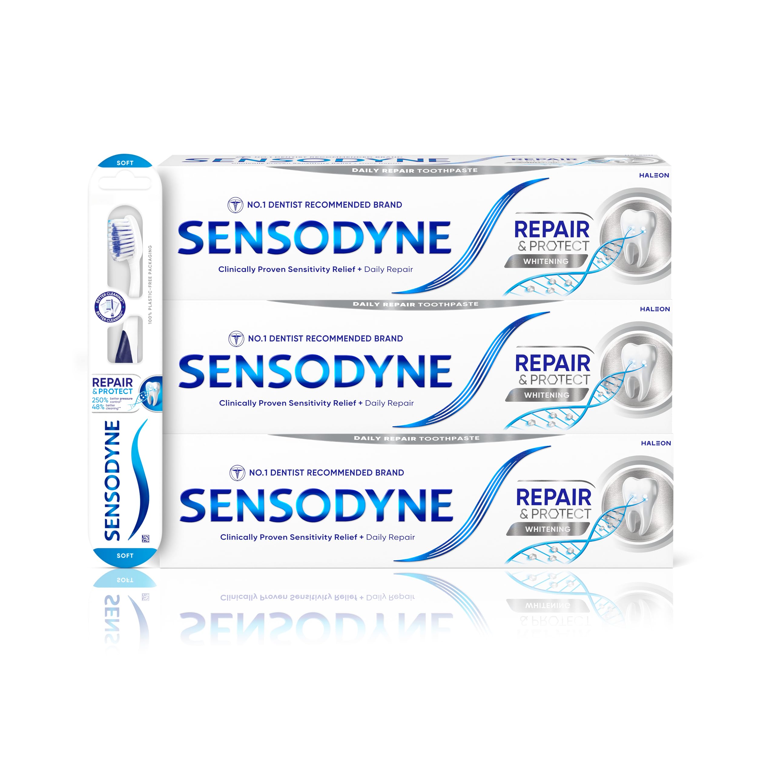 Sensodyne Toothpaste Repair and Protect, Teeth Whitening Toothpaste Multipack with Sensodyne Toothbrush, 3 x 75ml