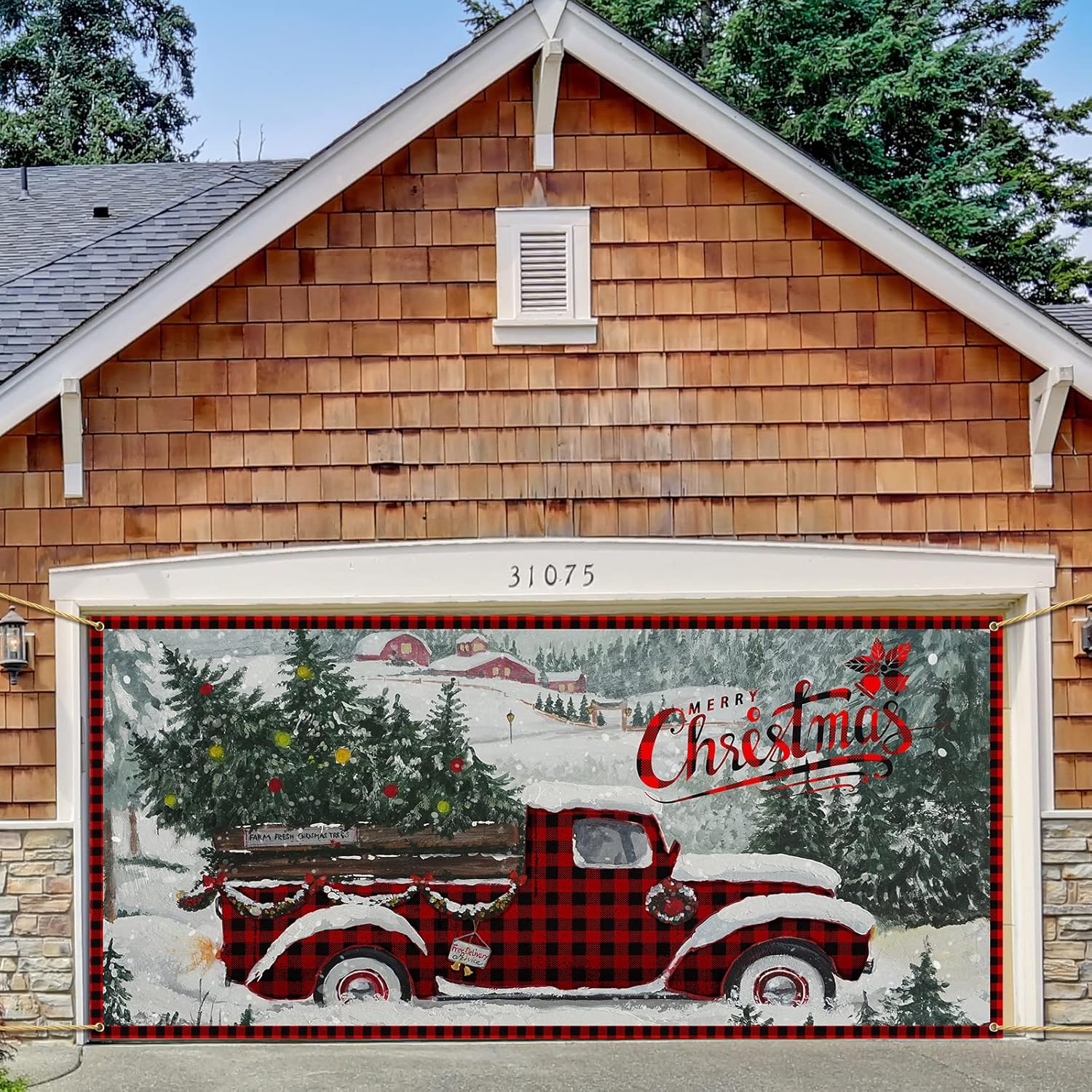 Garage Door Decorations - Christmas Outdoor Garage Door Banner Large Christmas Backdrop Decoration Black and Red Buffalo Plaid Door Cover Decoration for Christmas Holiday Outdoor Garage Door Home Wall Decorations 6 x 13 ft