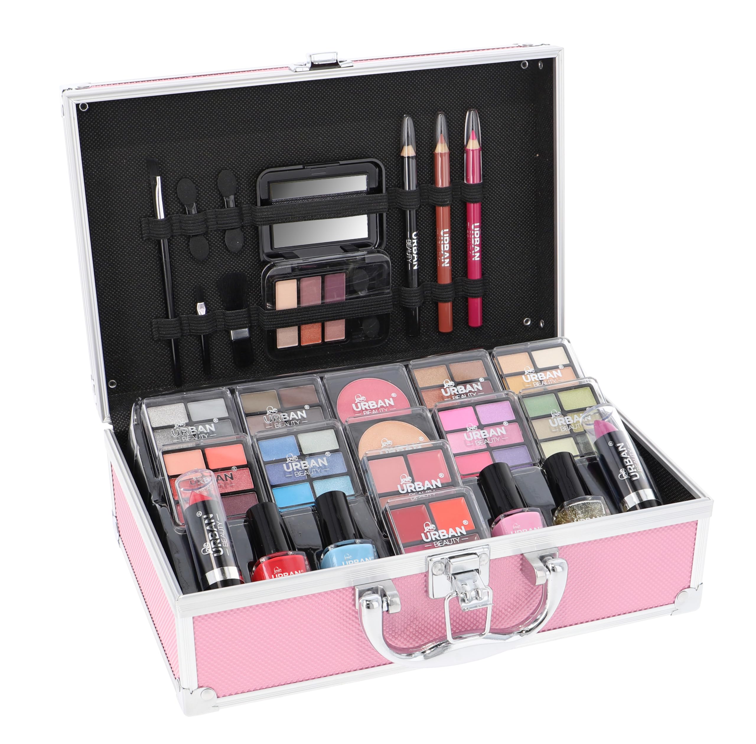 Love Urban Beauty Hot Pink Makeup 82-pcs Vegan Vanity Case for Teens and Women with Eyeshadow, Blusher, Lipsticks and Nail Products – Fun Travelling Kit for Girls