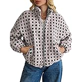 ALSOGO Womens Long Sleeve Checkered Sherpa Jacket Cropped Plaid Fleece Coats Zip Up Casual 2025 Warm Gingham Outwear