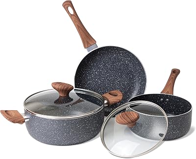Nuovva Non Stick Pots and Pans Set Induction Marble 5pc with Lids