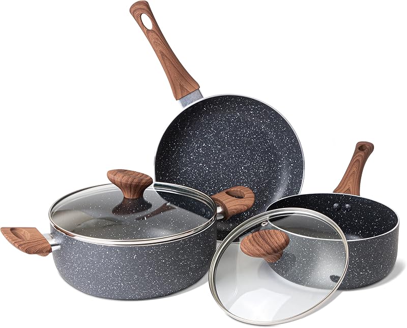 Nuovva Non Stick Pots and Pans Set Induction Marble 5pc with Lids