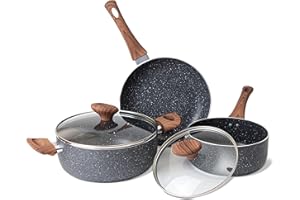 Non Stick Pots and Pans Set – Kitchen Cookware Sets with Lid – Induction Hob Pots Set – 5pc Non Stick Cooking Set – Cooking Marble Saucepan Pots and Frying Pan – Juego de Ollas Para Cocina – by Nuovva