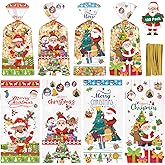 100 Pcs Merry Christmas Treat Bags - Clear Xmas Cellophane Gift Goodie Bags, Plastic Santa Claus Goody Candy Snack Bag with Twist Ties for Winter Christmas Themed Party Supplies Favors, 4 Styles